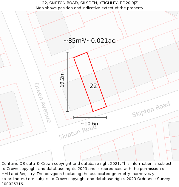 22, SKIPTON ROAD, SILSDEN, KEIGHLEY, BD20 9JZ: Plot and title map
