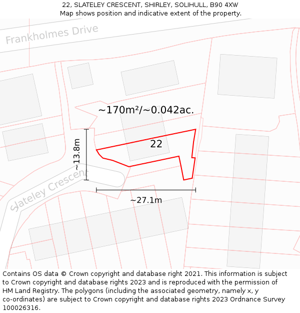 22, SLATELEY CRESCENT, SHIRLEY, SOLIHULL, B90 4XW: Plot and title map