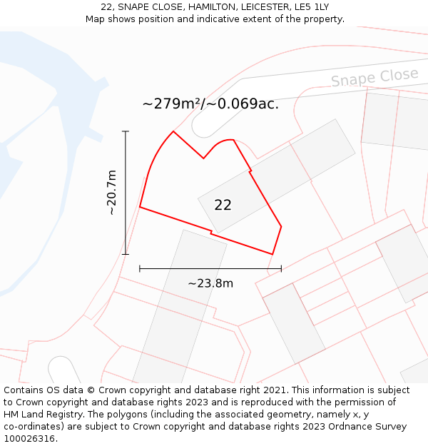 22, SNAPE CLOSE, HAMILTON, LEICESTER, LE5 1LY: Plot and title map