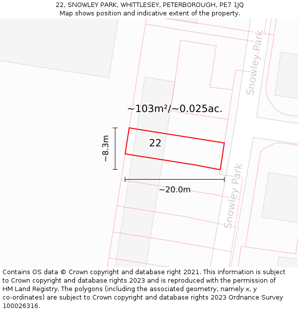 22, SNOWLEY PARK, WHITTLESEY, PETERBOROUGH, PE7 1JQ: Plot and title map