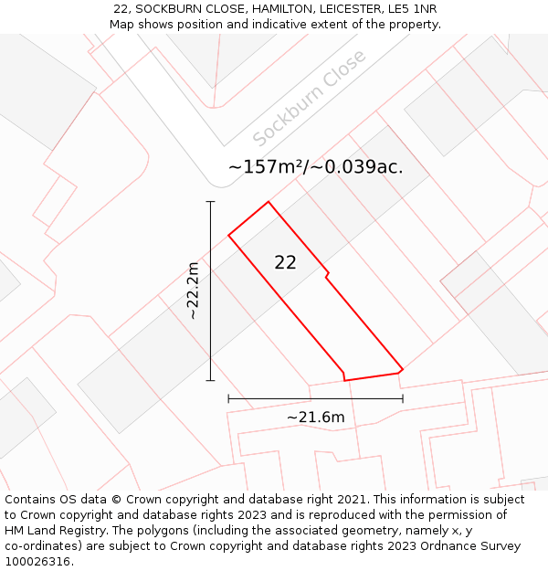 22, SOCKBURN CLOSE, HAMILTON, LEICESTER, LE5 1NR: Plot and title map
