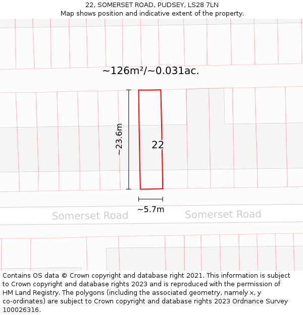 22, SOMERSET ROAD, PUDSEY, LS28 7LN: Plot and title map