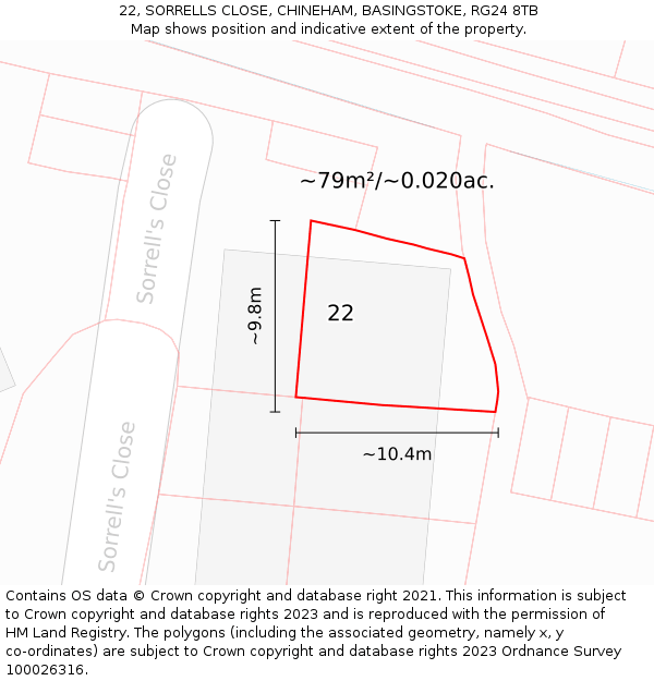 22, SORRELLS CLOSE, CHINEHAM, BASINGSTOKE, RG24 8TB: Plot and title map