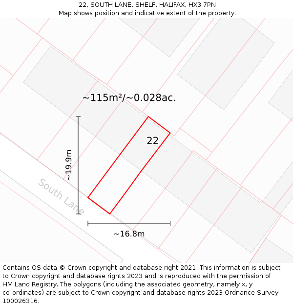 22, SOUTH LANE, SHELF, HALIFAX, HX3 7PN: Plot and title map