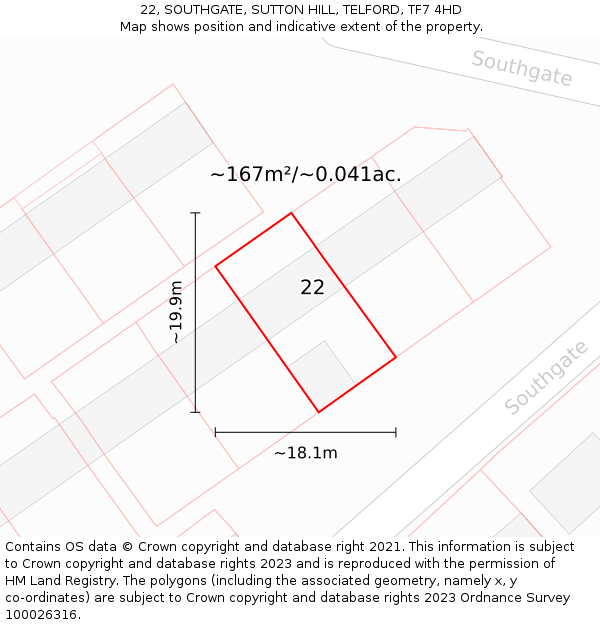 22, SOUTHGATE, SUTTON HILL, TELFORD, TF7 4HD: Plot and title map