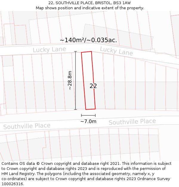 22, SOUTHVILLE PLACE, BRISTOL, BS3 1AW: Plot and title map