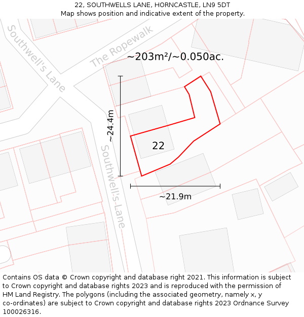 22, SOUTHWELLS LANE, HORNCASTLE, LN9 5DT: Plot and title map