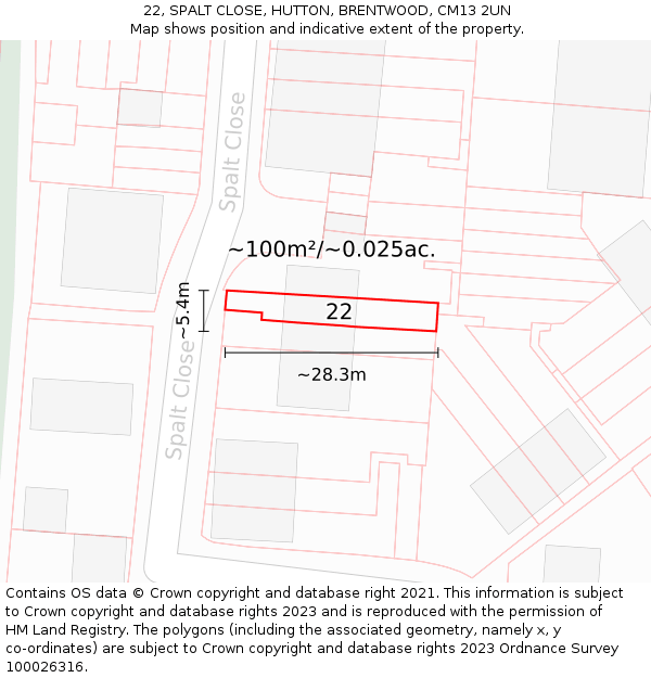 22, SPALT CLOSE, HUTTON, BRENTWOOD, CM13 2UN: Plot and title map