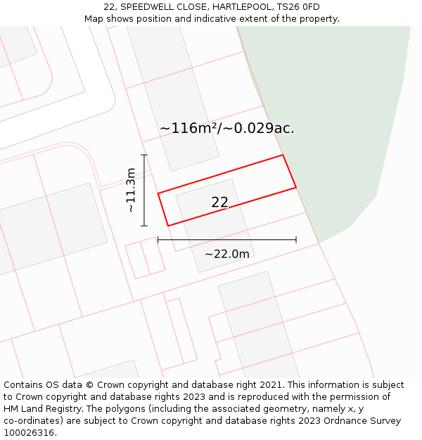 22, SPEEDWELL CLOSE, HARTLEPOOL, TS26 0FD: Plot and title map