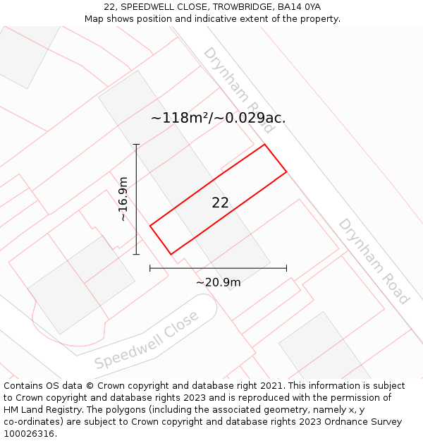 22, SPEEDWELL CLOSE, TROWBRIDGE, BA14 0YA: Plot and title map