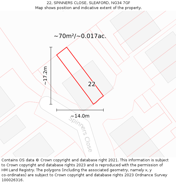 22, SPINNERS CLOSE, SLEAFORD, NG34 7GF: Plot and title map