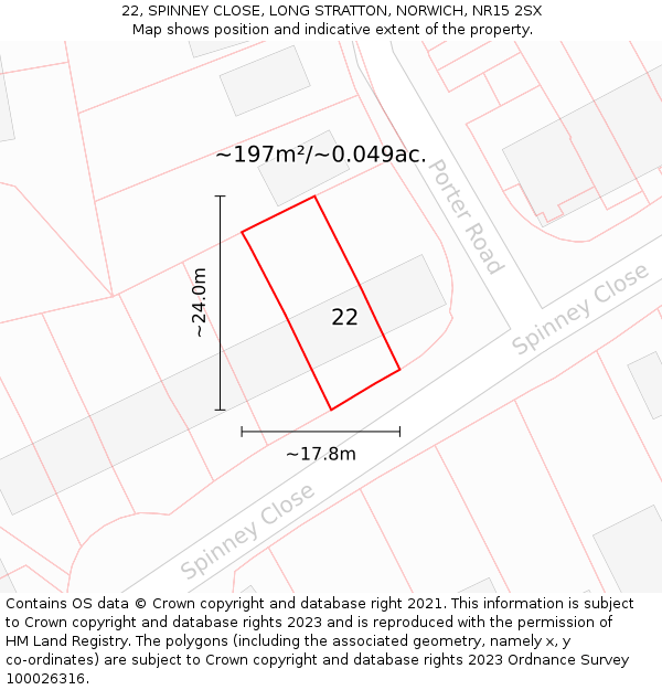 22, SPINNEY CLOSE, LONG STRATTON, NORWICH, NR15 2SX: Plot and title map