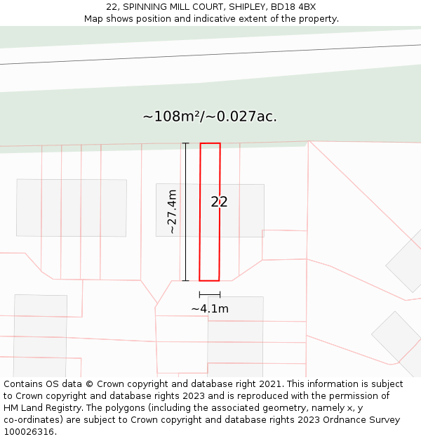 22, SPINNING MILL COURT, SHIPLEY, BD18 4BX: Plot and title map
