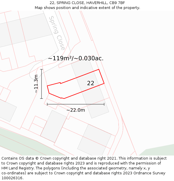 22, SPRING CLOSE, HAVERHILL, CB9 7BF: Plot and title map