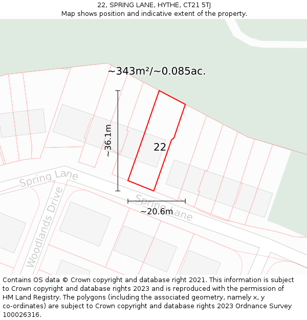 22, SPRING LANE, HYTHE, CT21 5TJ: Plot and title map