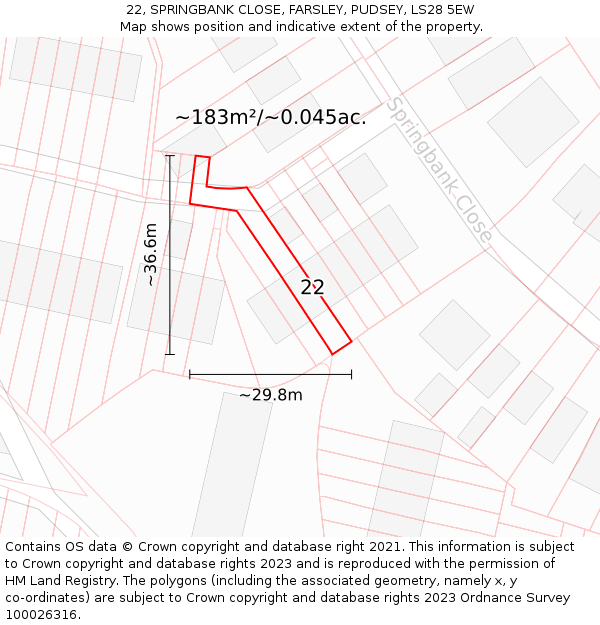 22, SPRINGBANK CLOSE, FARSLEY, PUDSEY, LS28 5EW: Plot and title map