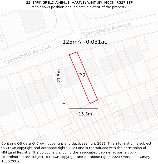 22, SPRINGFIELD AVENUE, HARTLEY WINTNEY, HOOK, RG27 8SF: Plot and title map