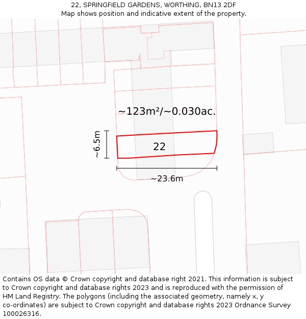 22, SPRINGFIELD GARDENS, WORTHING, BN13 2DF: Plot and title map