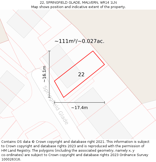 22, SPRINGFIELD GLADE, MALVERN, WR14 1LN: Plot and title map