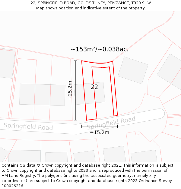 22, SPRINGFIELD ROAD, GOLDSITHNEY, PENZANCE, TR20 9HW: Plot and title map