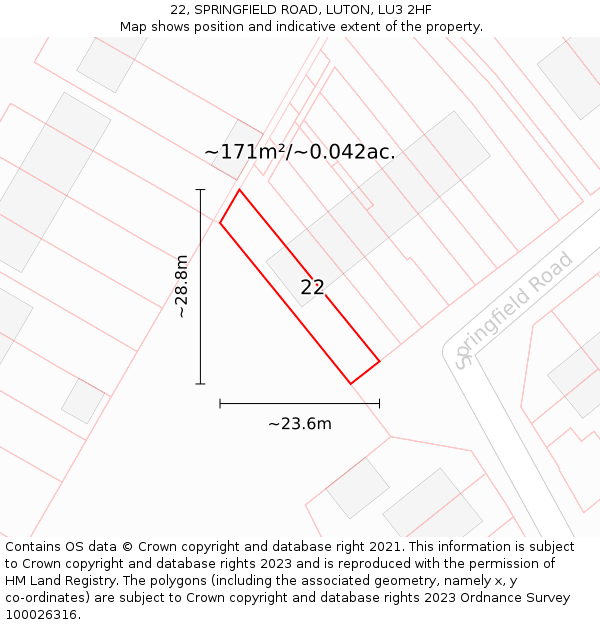 22, SPRINGFIELD ROAD, LUTON, LU3 2HF: Plot and title map
