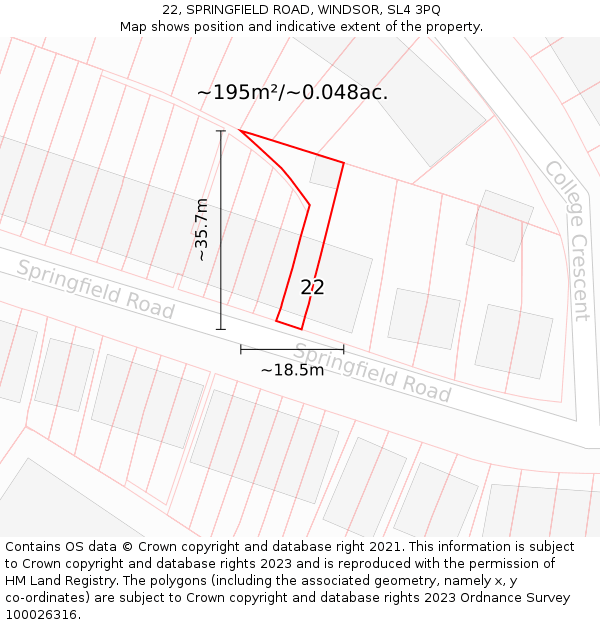 22, SPRINGFIELD ROAD, WINDSOR, SL4 3PQ: Plot and title map