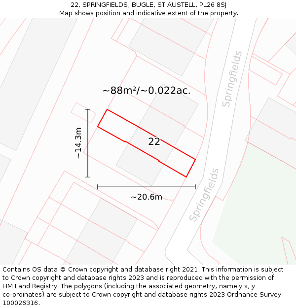 22, SPRINGFIELDS, BUGLE, ST AUSTELL, PL26 8SJ: Plot and title map