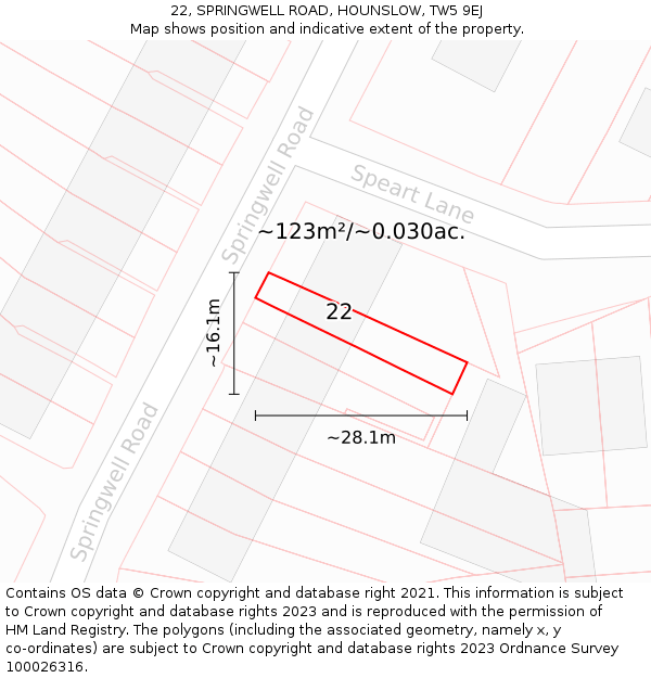 22, SPRINGWELL ROAD, HOUNSLOW, TW5 9EJ: Plot and title map