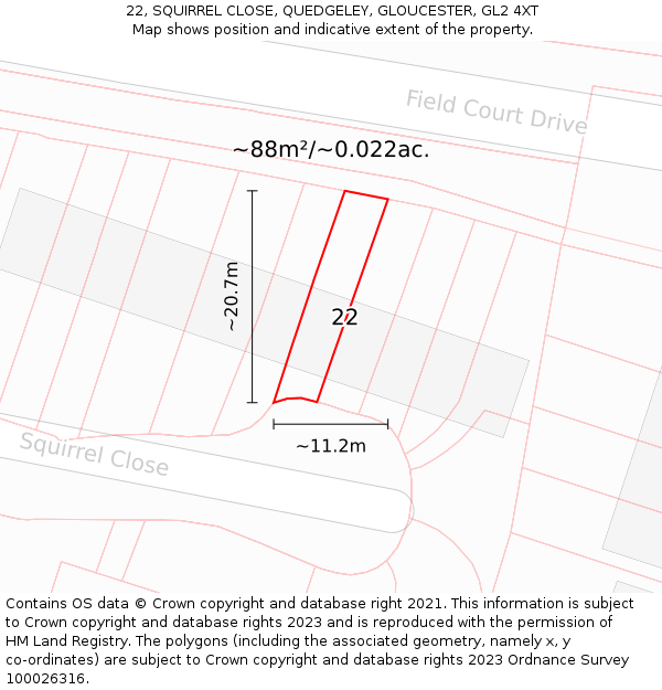 22, SQUIRREL CLOSE, QUEDGELEY, GLOUCESTER, GL2 4XT: Plot and title map