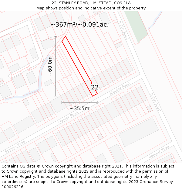 22, STANLEY ROAD, HALSTEAD, CO9 1LA: Plot and title map