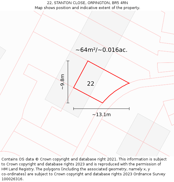 22, STANTON CLOSE, ORPINGTON, BR5 4RN: Plot and title map