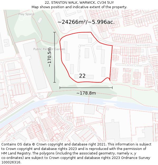 22, STANTON WALK, WARWICK, CV34 5UY: Plot and title map