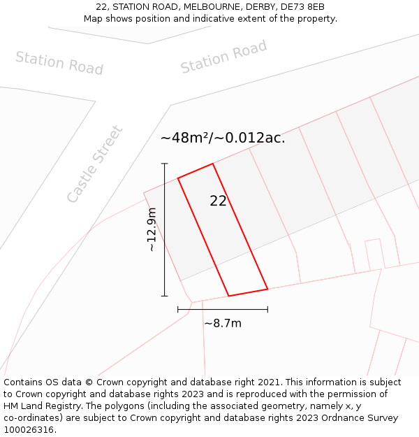 22, STATION ROAD, MELBOURNE, DERBY, DE73 8EB: Plot and title map