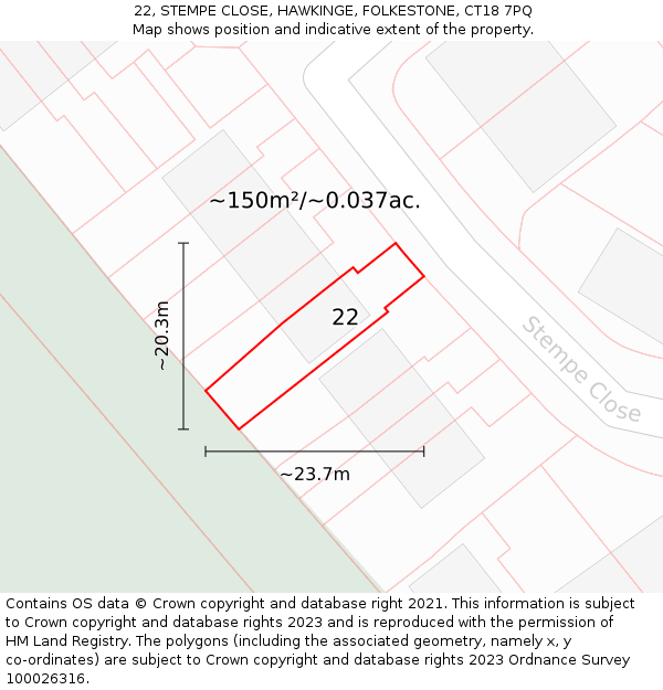 22, STEMPE CLOSE, HAWKINGE, FOLKESTONE, CT18 7PQ: Plot and title map