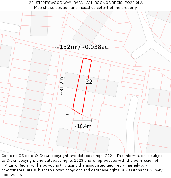 22, STEMPSWOOD WAY, BARNHAM, BOGNOR REGIS, PO22 0LA: Plot and title map