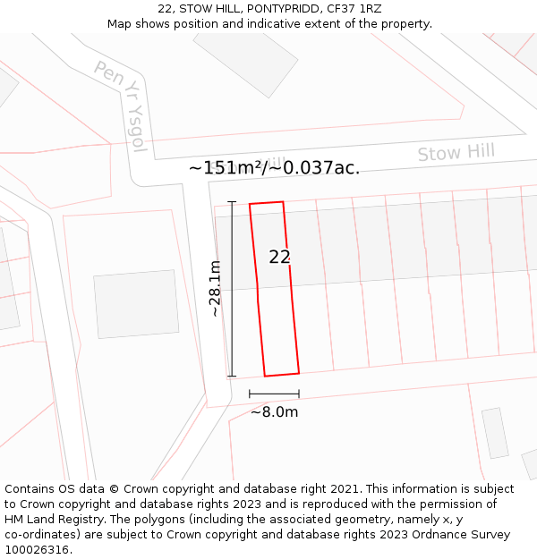 22, STOW HILL, PONTYPRIDD, CF37 1RZ: Plot and title map
