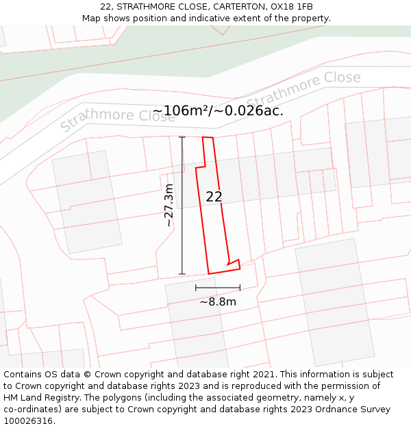22, STRATHMORE CLOSE, CARTERTON, OX18 1FB: Plot and title map