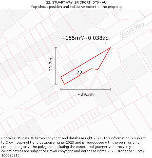 22, STUART WAY, BRIDPORT, DT6 4AU: Plot and title map