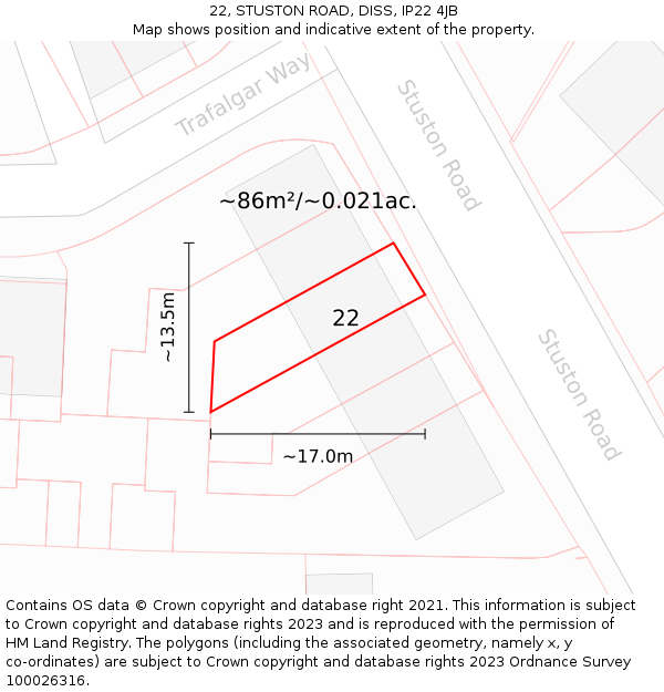 22, STUSTON ROAD, DISS, IP22 4JB: Plot and title map