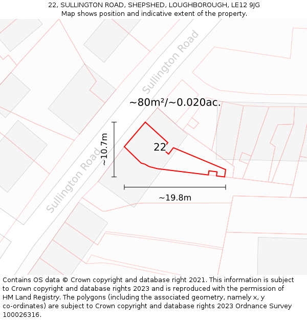 22, SULLINGTON ROAD, SHEPSHED, LOUGHBOROUGH, LE12 9JG: Plot and title map