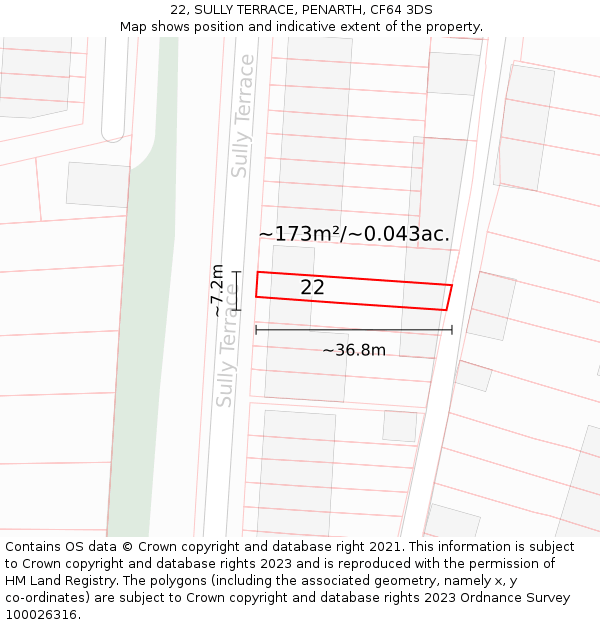 22, SULLY TERRACE, PENARTH, CF64 3DS: Plot and title map