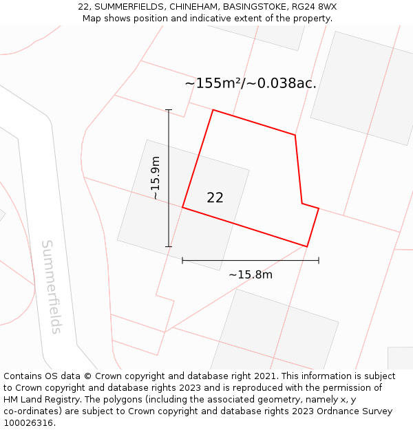 22, SUMMERFIELDS, CHINEHAM, BASINGSTOKE, RG24 8WX: Plot and title map