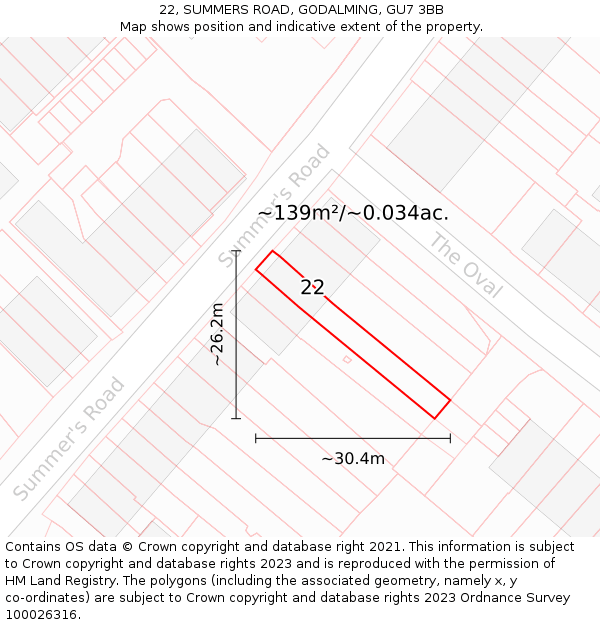22, SUMMERS ROAD, GODALMING, GU7 3BB: Plot and title map