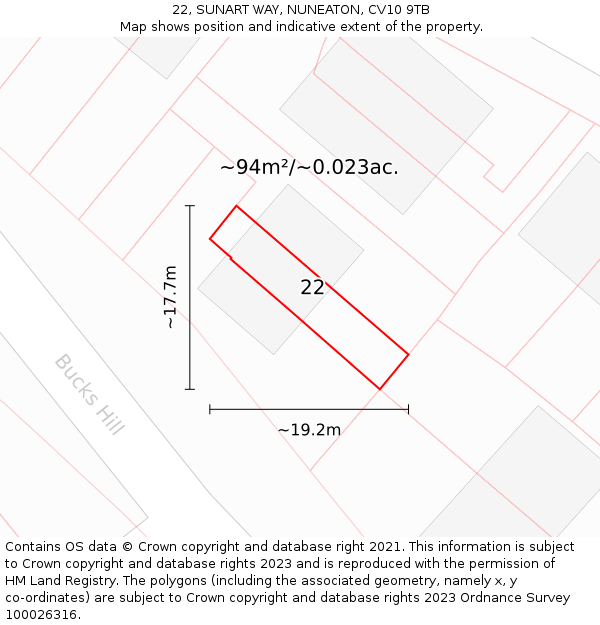 22, SUNART WAY, NUNEATON, CV10 9TB: Plot and title map