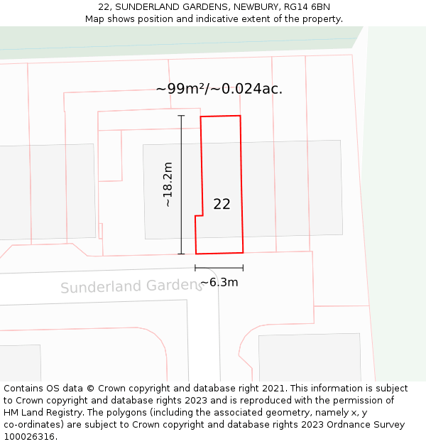 22, SUNDERLAND GARDENS, NEWBURY, RG14 6BN: Plot and title map