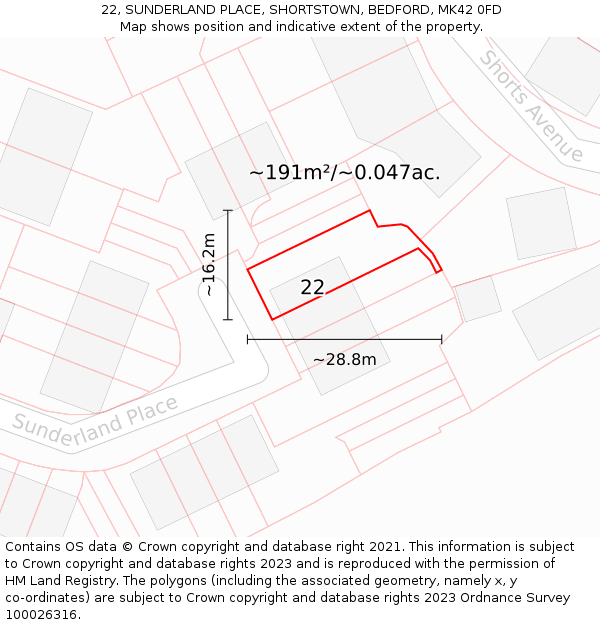 22, SUNDERLAND PLACE, SHORTSTOWN, BEDFORD, MK42 0FD: Plot and title map