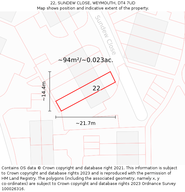 22, SUNDEW CLOSE, WEYMOUTH, DT4 7UD: Plot and title map