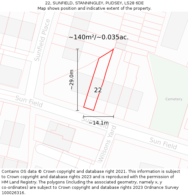 22, SUNFIELD, STANNINGLEY, PUDSEY, LS28 6DE: Plot and title map