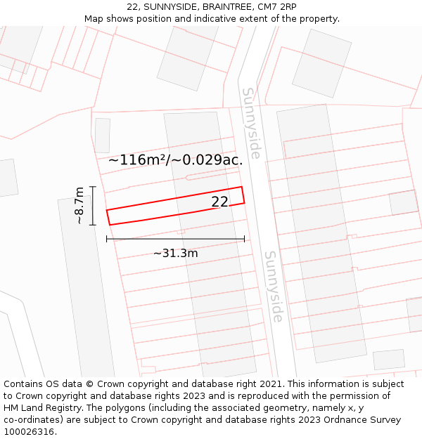 22, SUNNYSIDE, BRAINTREE, CM7 2RP: Plot and title map