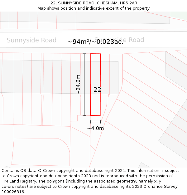 22, SUNNYSIDE ROAD, CHESHAM, HP5 2AR: Plot and title map